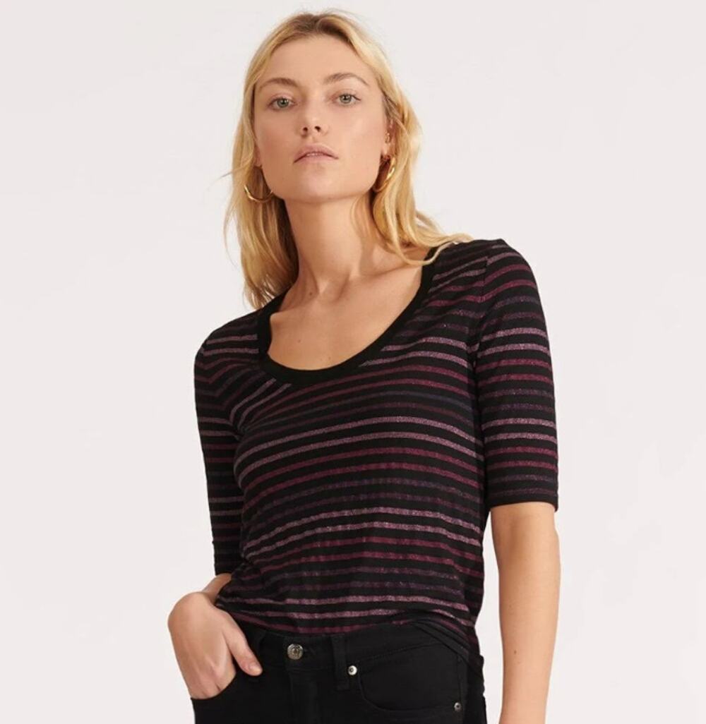 Veronica Beard Jeans Black Metallic Scoop Neck Short Sleeve Shirt Women size XS